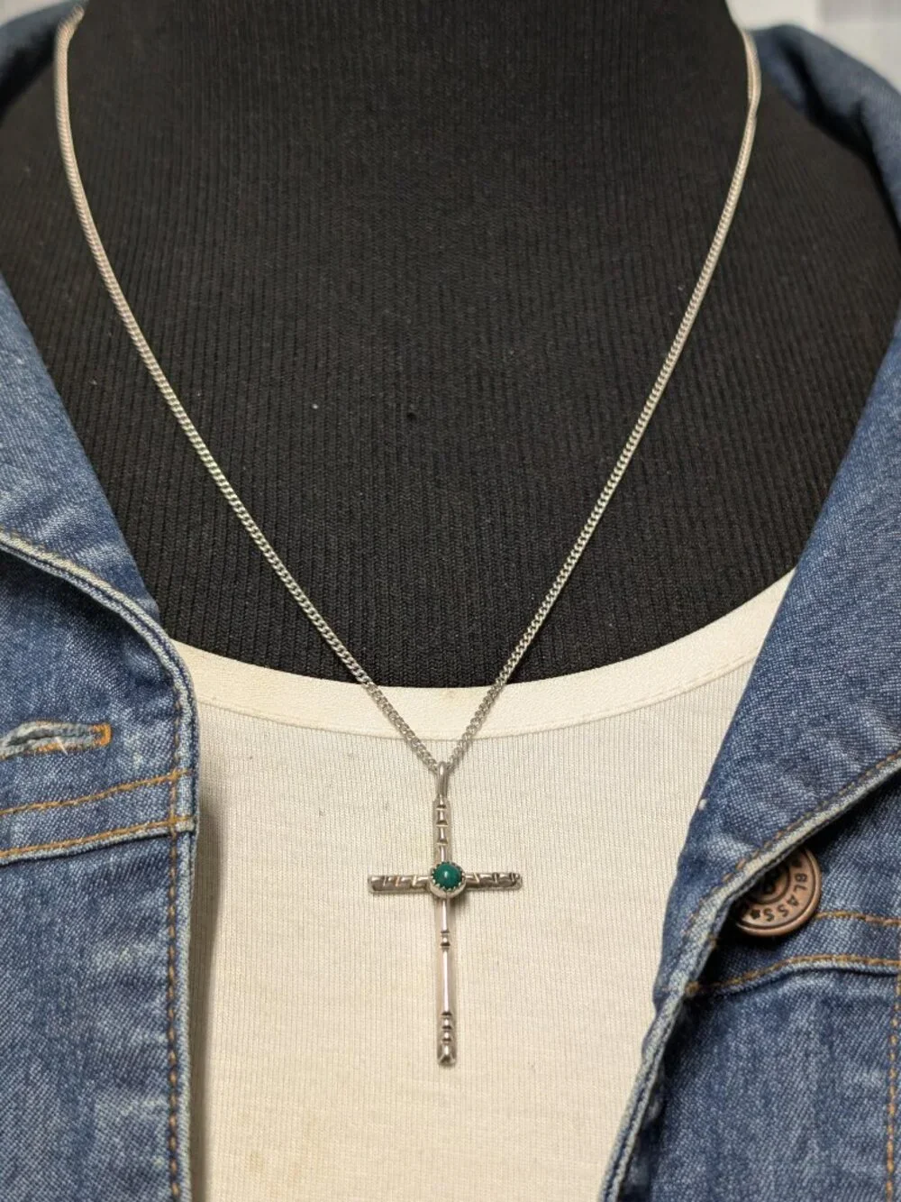 Navajo Style Sterling Silver Turquoise Cross Pendant Necklace